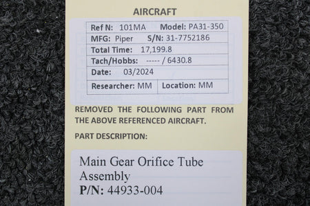 Piper Aircraft Parts 44933-004 Piper PA31-350 Main Gear Orifice Tube Assembly