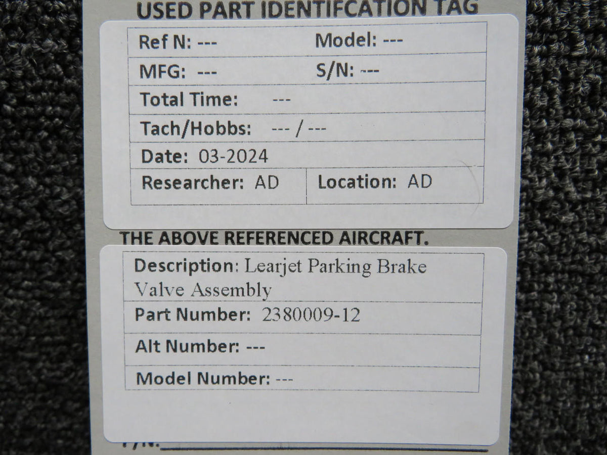 Learjet 2380009-12 Learjet Parking Brake Valve Assembly