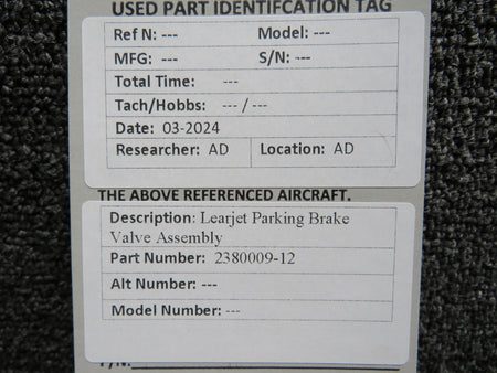 Learjet 2380009-12 Learjet Parking Brake Valve Assembly