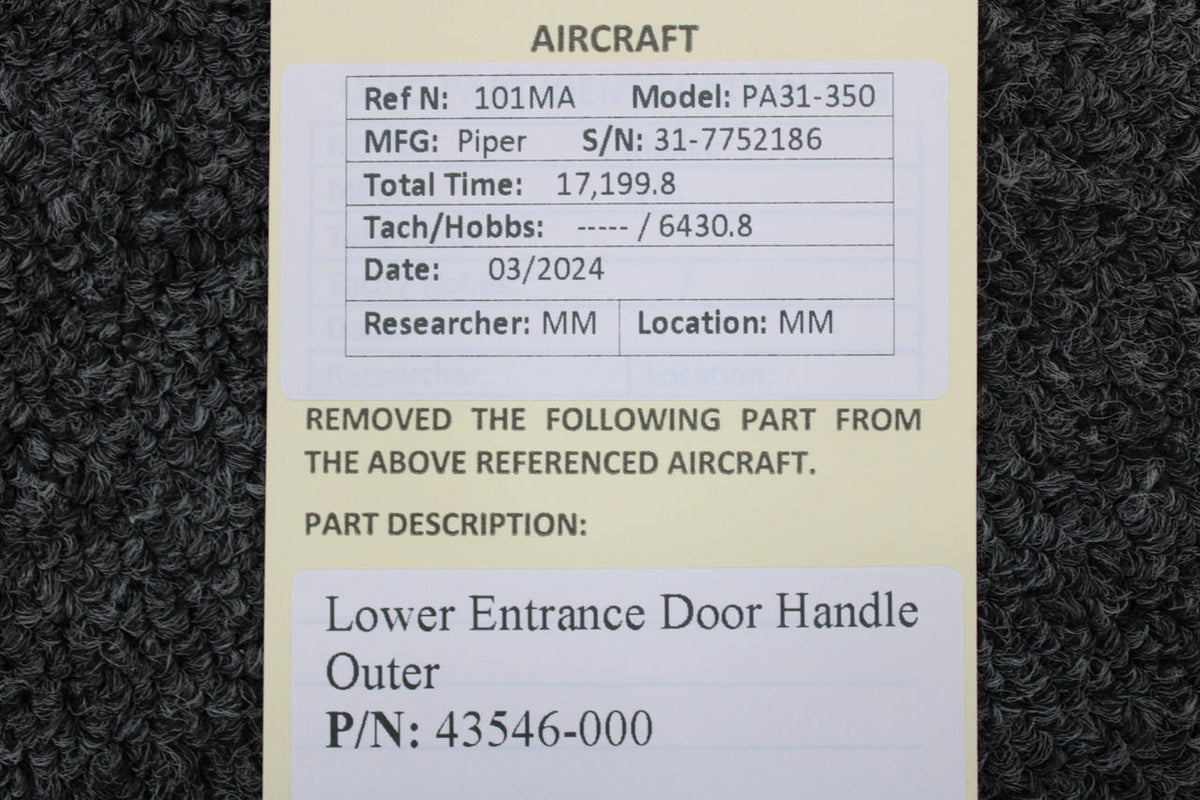 Piper Aircraft Parts 43546-000 Piper PA31-350 Lower Entrance Door Handle Outer