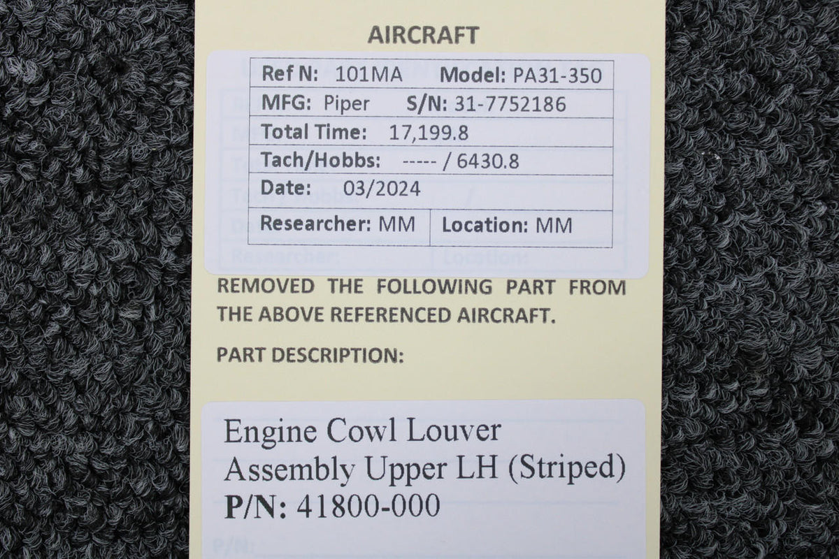Piper Aircraft Parts 41800-000 Piper PA31-350 Engine Cowl Louver Assembly Upper LH (Striped)