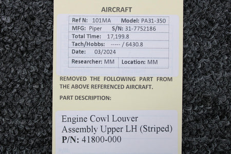 Piper Aircraft Parts 41800-000 Piper PA31-350 Engine Cowl Louver Assembly Upper LH (Striped)