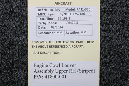 Piper Aircraft Parts 41800-001 Piper PA31-350 Engine Cowl Louver Assembly Upper RH (Striped)