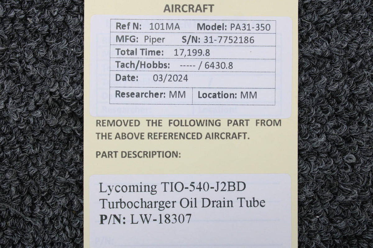 Lycoming Aircraft Engines & Parts LW-18307 Lycoming TIO-540-J2BD Turbocharger Oil Drain Tube
