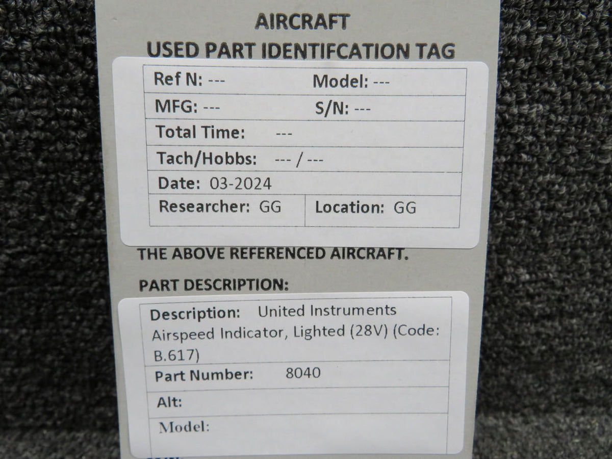 United Instruments 8040 United Instruments Airspeed Indicator, Lighted (28V) (Code: B.617)