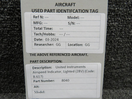United Instruments 8040 United Instruments Airspeed Indicator, Lighted (28V) (Code: B.617)