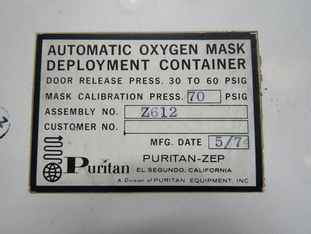 Puritan-Zep Z612 Puritan-Zep Automatic Oxygen Mask Deployment Container
