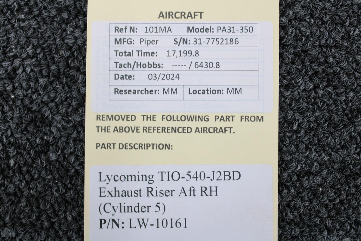 Lycoming Aircraft Engines & Parts LW-10161 Lycoming TIO-540-J2BD Exhaust Riser Aft RH (Cylinder 5)