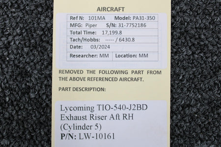 Lycoming Aircraft Engines & Parts LW-10161 Lycoming TIO-540-J2BD Exhaust Riser Aft RH (Cylinder 5)
