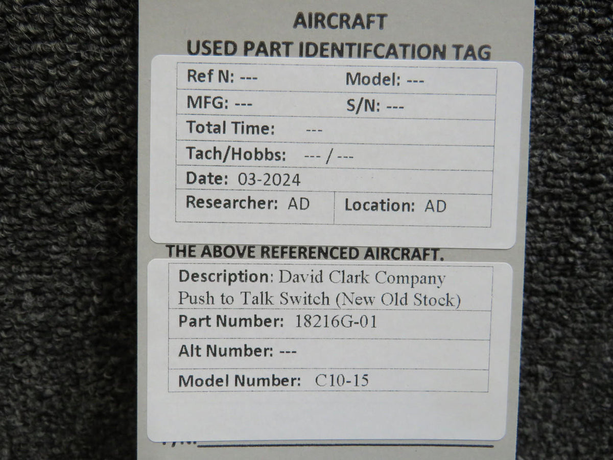 David Clark 18216G-01 David Clark Company C10-15 Push to Talk Switch (New Old Stock)
