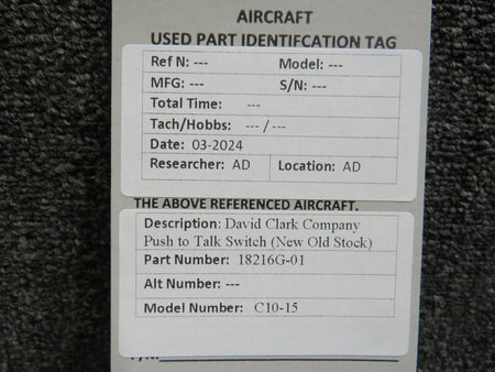 David Clark 18216G-01 David Clark Company C10-15 Push to Talk Switch (New Old Stock)