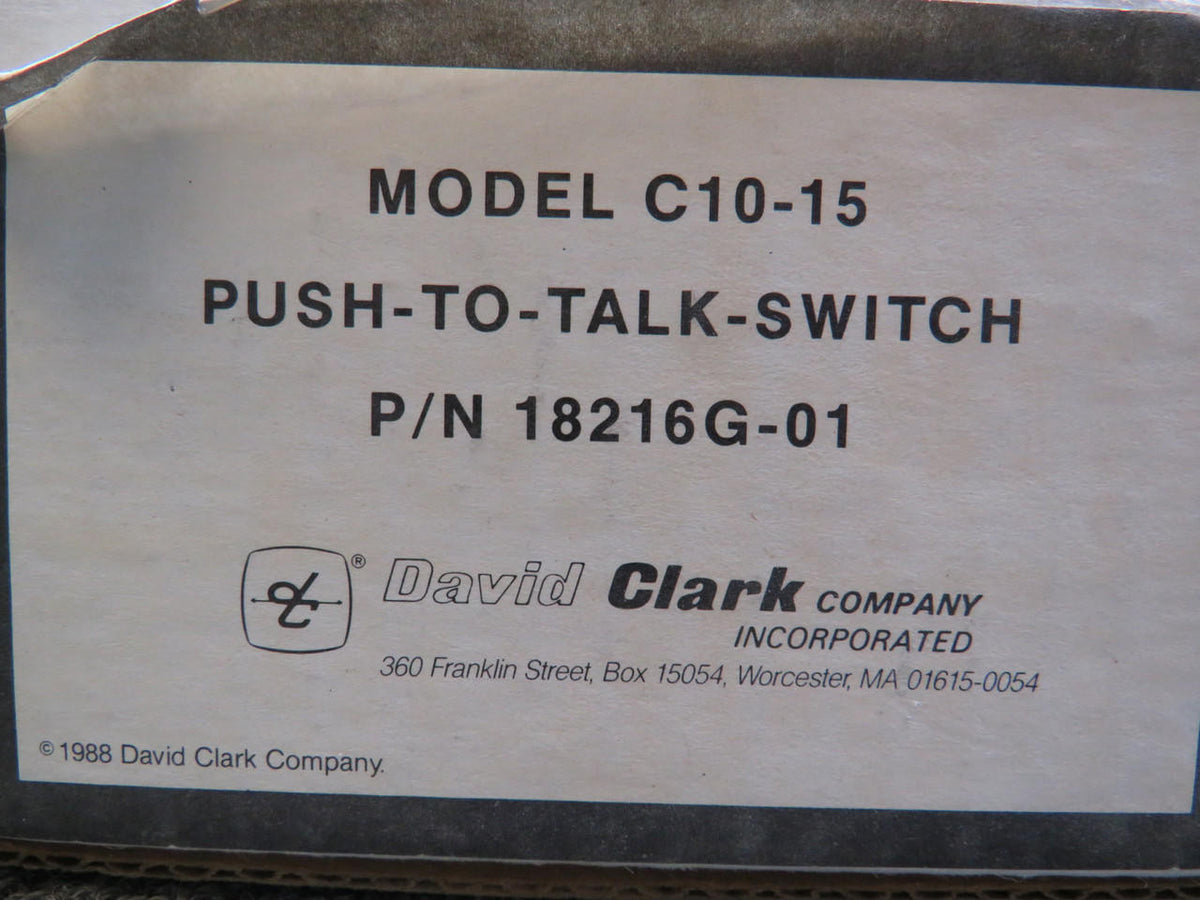 David Clark 18216G-01 David Clark Company C10-15 Push to Talk Switch (New Old Stock)