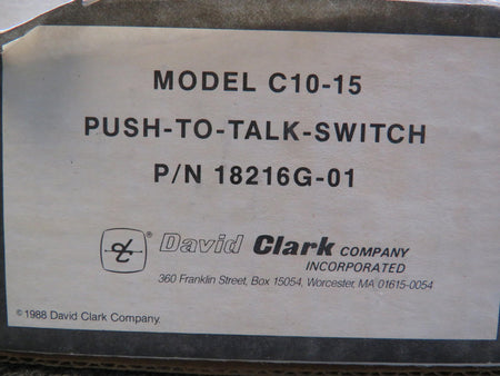 David Clark 18216G-01 David Clark Company C10-15 Push to Talk Switch (New Old Stock)