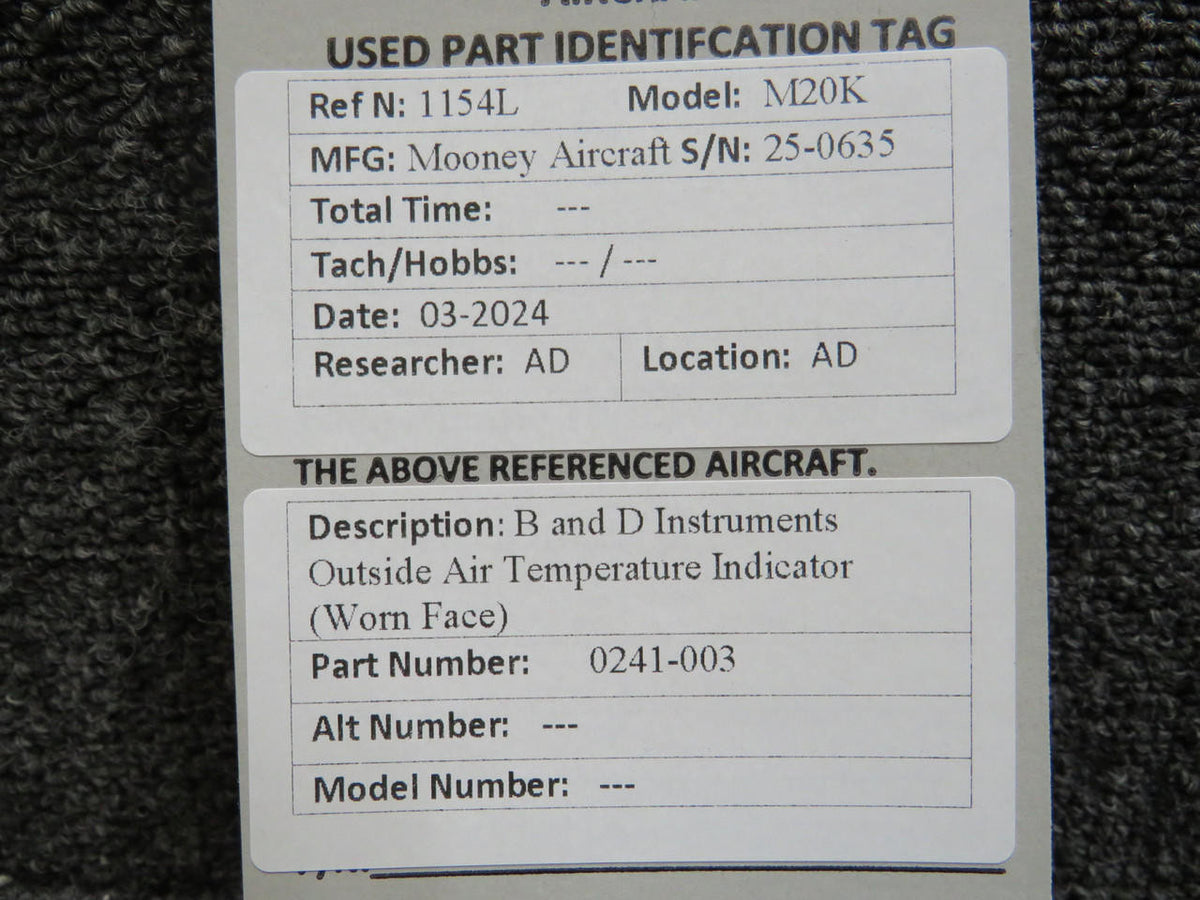 B and D Instruments 0241-003 B and D Instruments Outside Air Temperature Indicator (Worn Face)