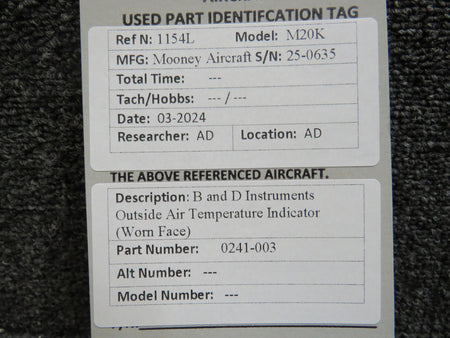 B and D Instruments 0241-003 B and D Instruments Outside Air Temperature Indicator (Worn Face)