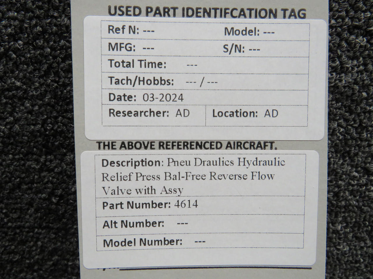 Pneu Draulics 4614 Pneu Draulics Hydraulic Relief Press Bal-Free Reverse Flow Valve with Assy