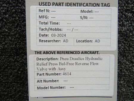 Pneu Draulics 4614 Pneu Draulics Hydraulic Relief Press Bal-Free Reverse Flow Valve with Assy