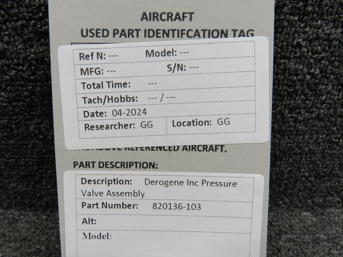 Derogene Inc 820136-103 Derogene Inc Pressure Valve Assembly with Line