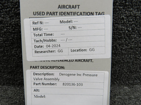 Derogene Inc 820136-103 Derogene Inc Pressure Valve Assembly with Line