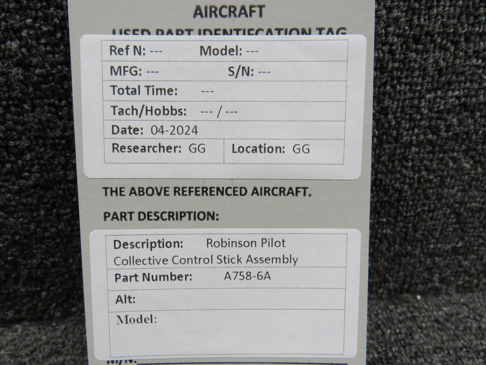 Robinson Helicopter & Airplane Parts A758-6A Robinson Pilot Collective Control Stick Assembly