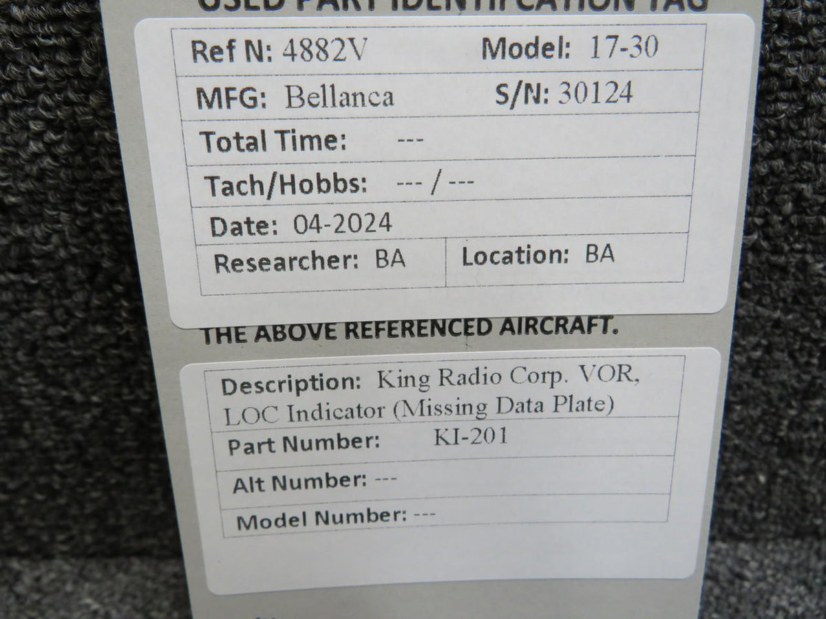 King Radio KI-201 King Radio Corp. VOR, LOC Indicator (Missing Data Plate)