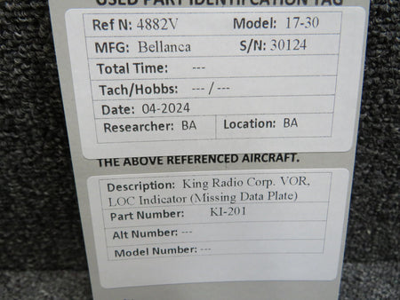 King Radio KI-201 King Radio Corp. VOR, LOC Indicator (Missing Data Plate)