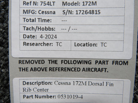 Cessna Aircraft Parts 0531019-4 Cessna 172M Dorsal Fin Rib Center