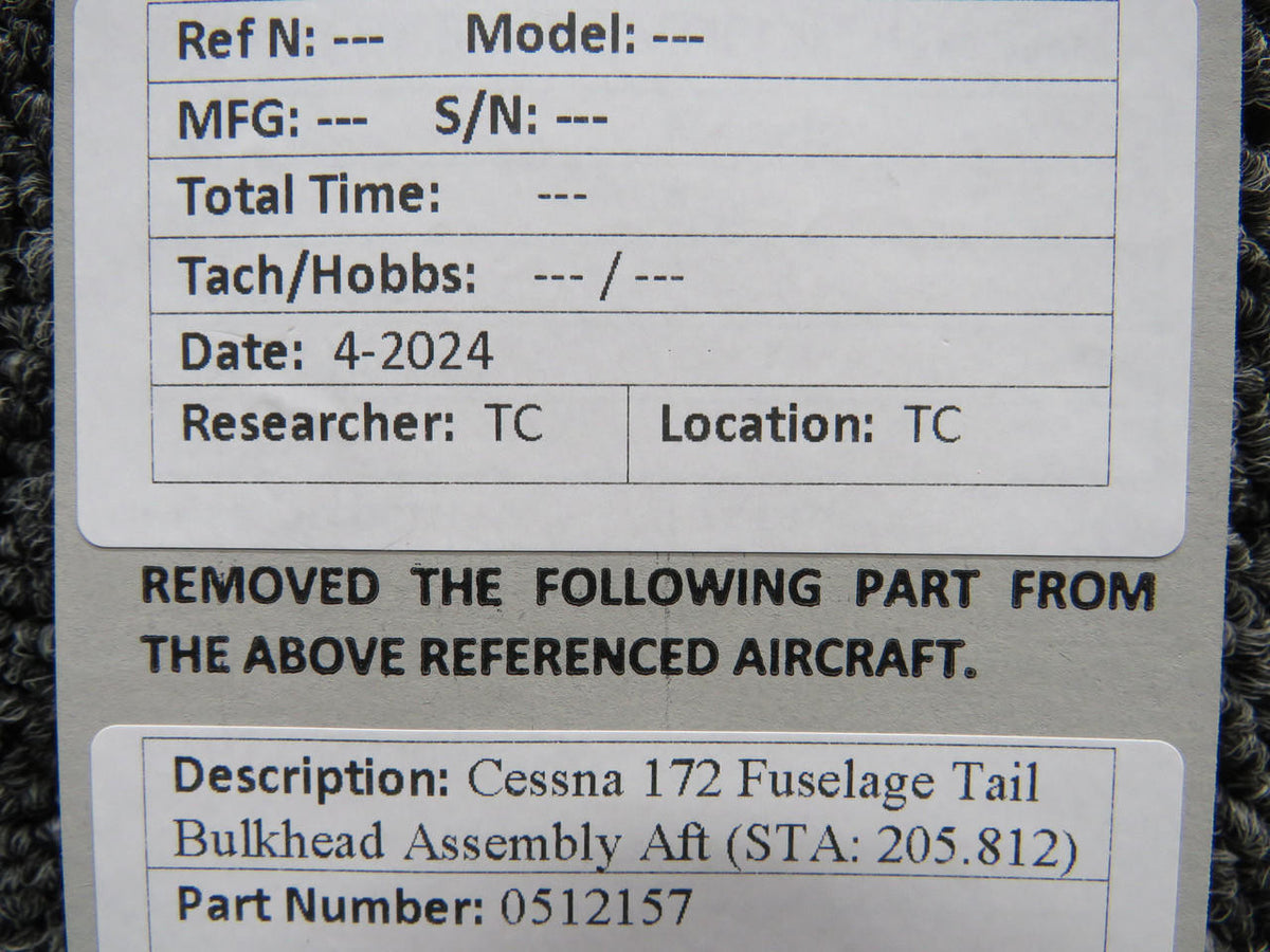 Cessna Aircraft Parts 0512157 Cessna 172 Fuselage Tail Bulkhead Assembly Aft (STA: 205.812)