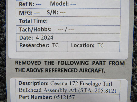 Cessna Aircraft Parts 0512157 Cessna 172 Fuselage Tail Bulkhead Assembly Aft (STA: 205.812)