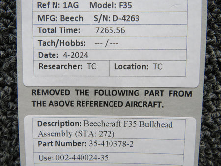 Beechcraft Parts 35-410378-2 (Use: 002-440024-35) Beechcraft F35 Bulkhead Assembly (STA: 272)