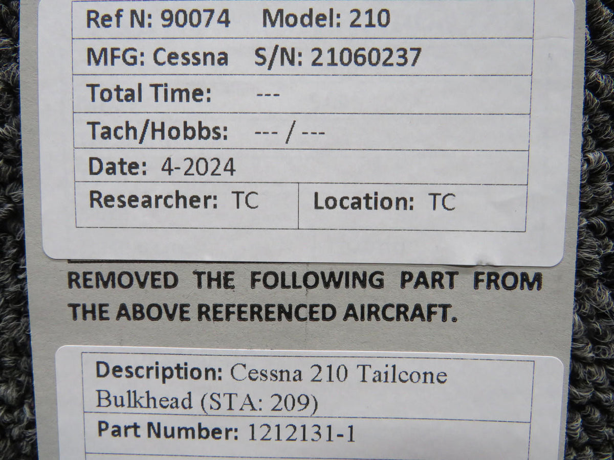 Cessna Aircraft Parts 1212131-1 Cessna 210 Tailcone Bulkhead (STA: 209)