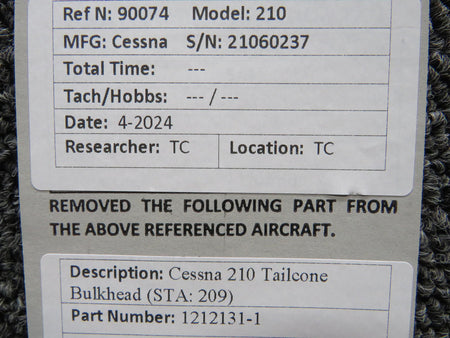 Cessna Aircraft Parts 1212131-1 Cessna 210 Tailcone Bulkhead (STA: 209)