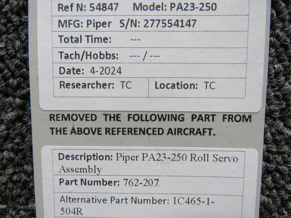 Piper Aircraft Parts 762-207 (Alt: 1C465-1-504R) Piper PA23-250 Roll Servo Assembly