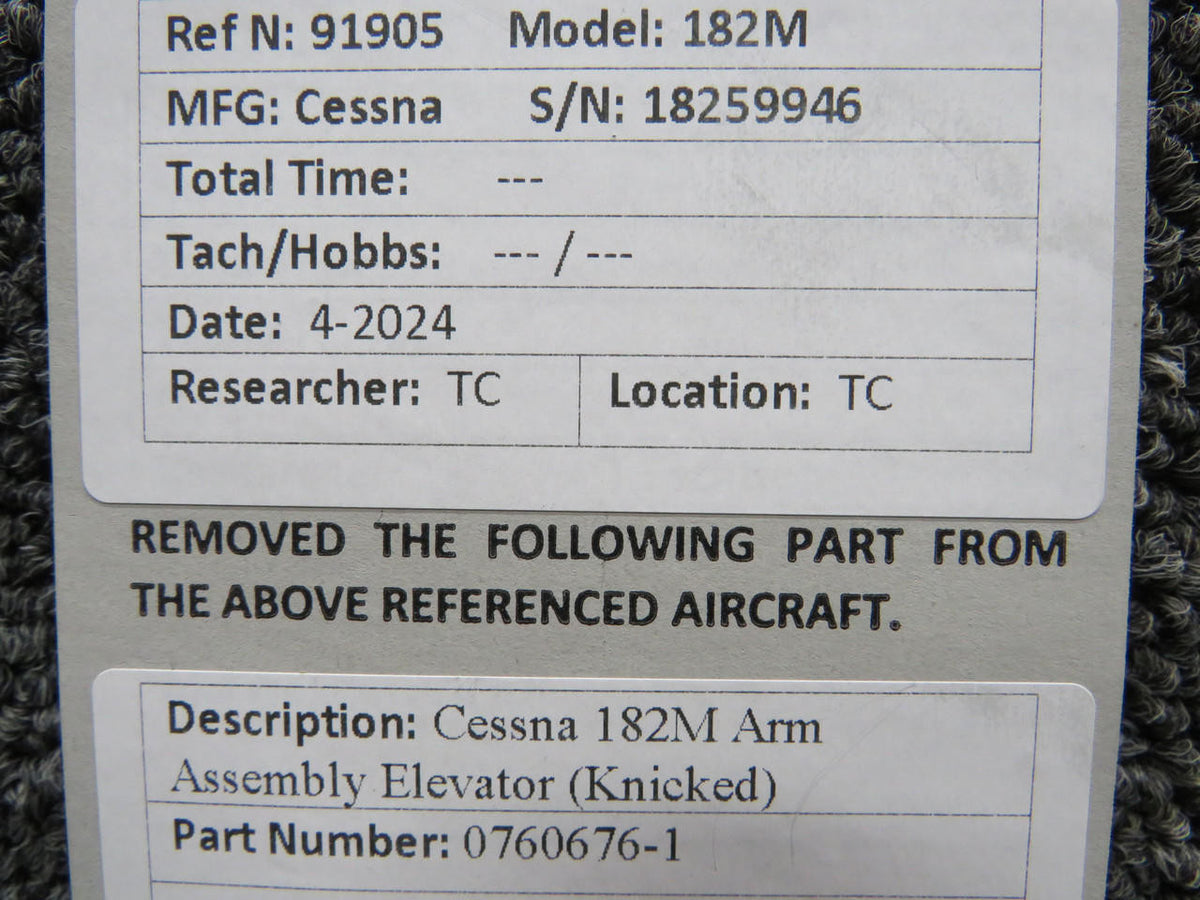 Cessna Aircraft Parts 0760676-1 Cessna 182M Arm Assembly Elevator (Knicked)