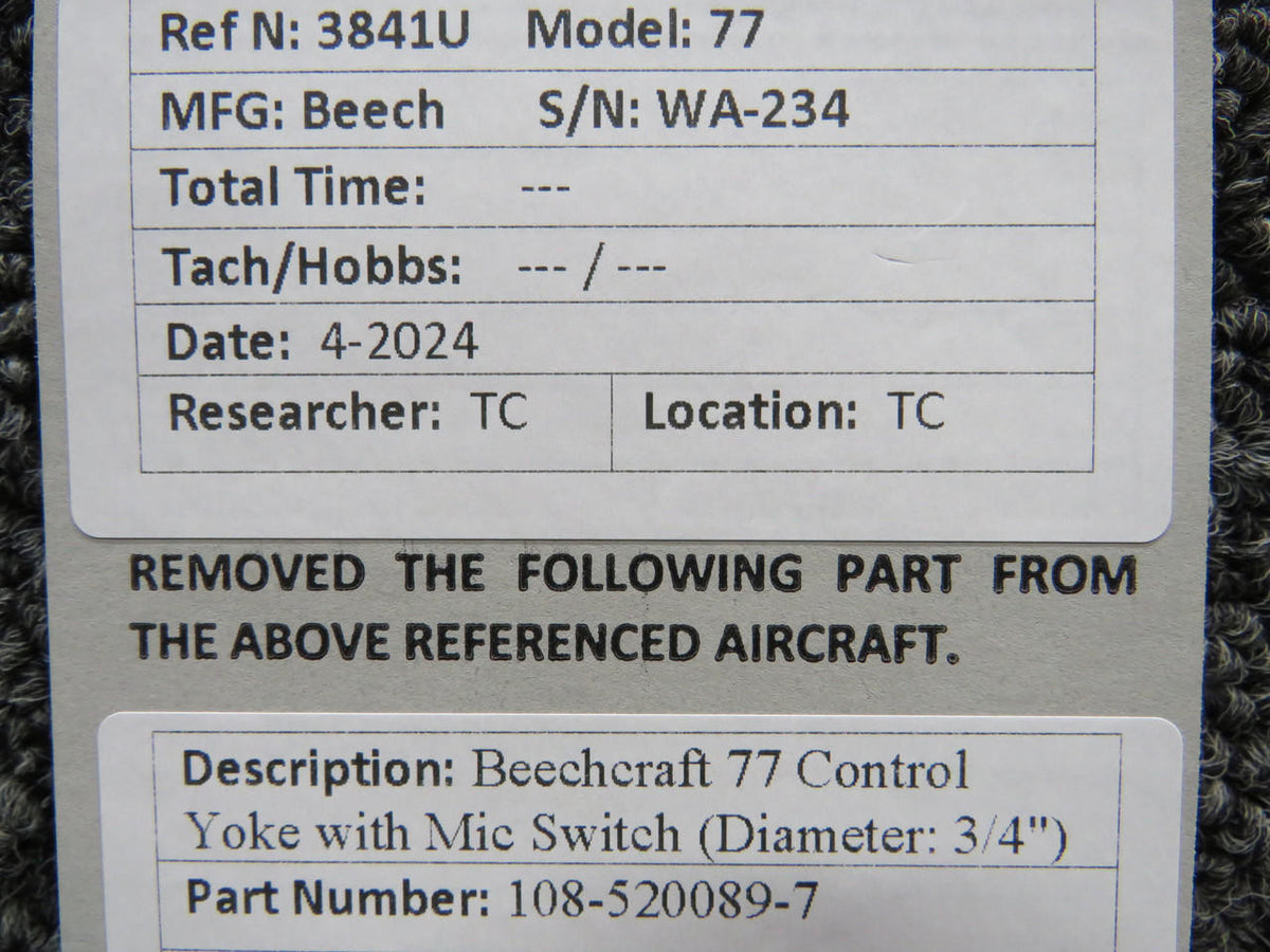 Beechcraft 108-520089-7 Beechcraft 77 Control Yoke with Mic Switch (Diameter: 3/4")