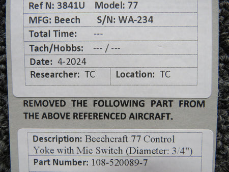 Beechcraft 108-520089-7 Beechcraft 77 Control Yoke with Mic Switch (Diameter: 3/4")
