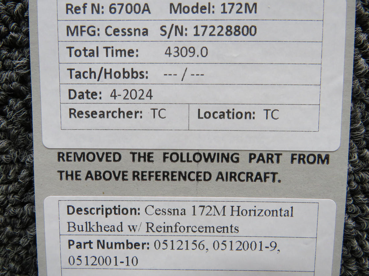 Cessna Aircraft Parts 0512156, 0512001-9, 0512001-10 Cessna 172M Horizontal Bulkhead w/ Reinforcements