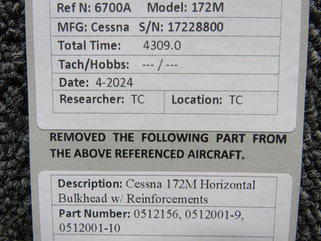 Cessna Aircraft Parts 0512156, 0512001-9, 0512001-10 Cessna 172M Horizontal Bulkhead w/ Reinforcements