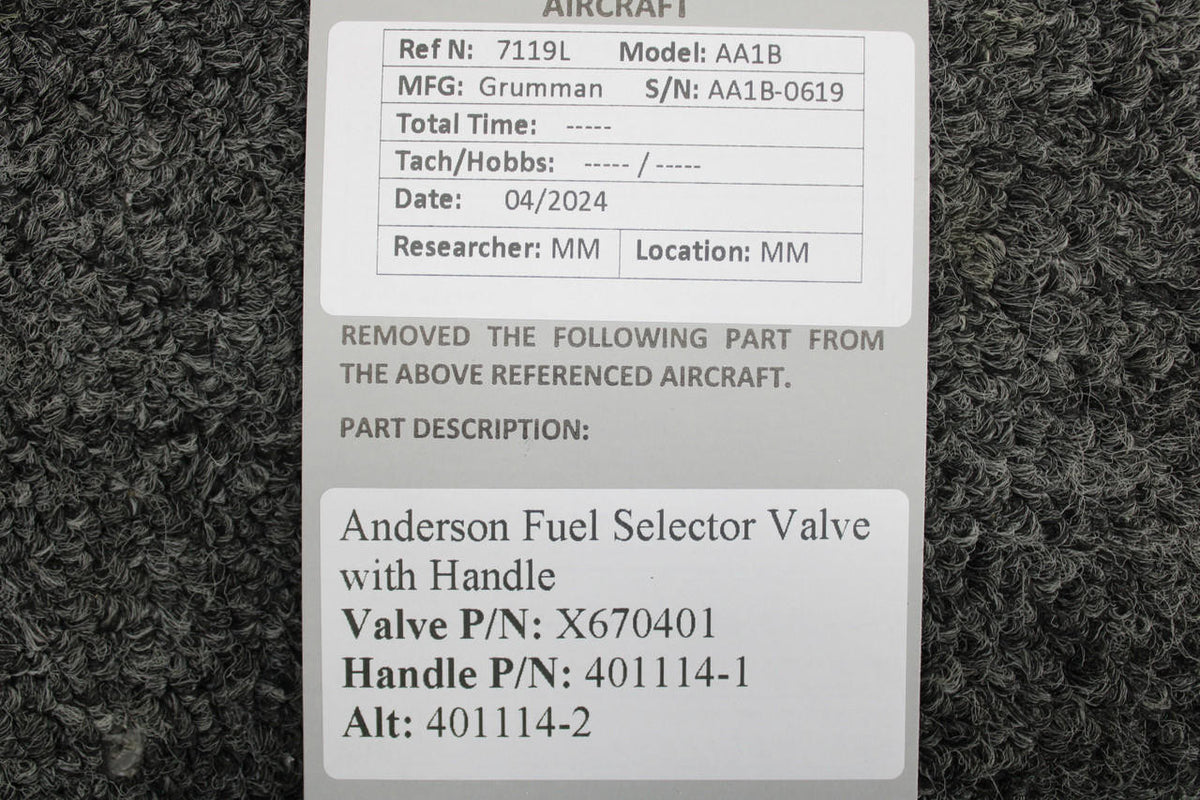 Anderson X670401, 401114-1 Grumman AA1B Anderson Fuel Selector Valve with Handle