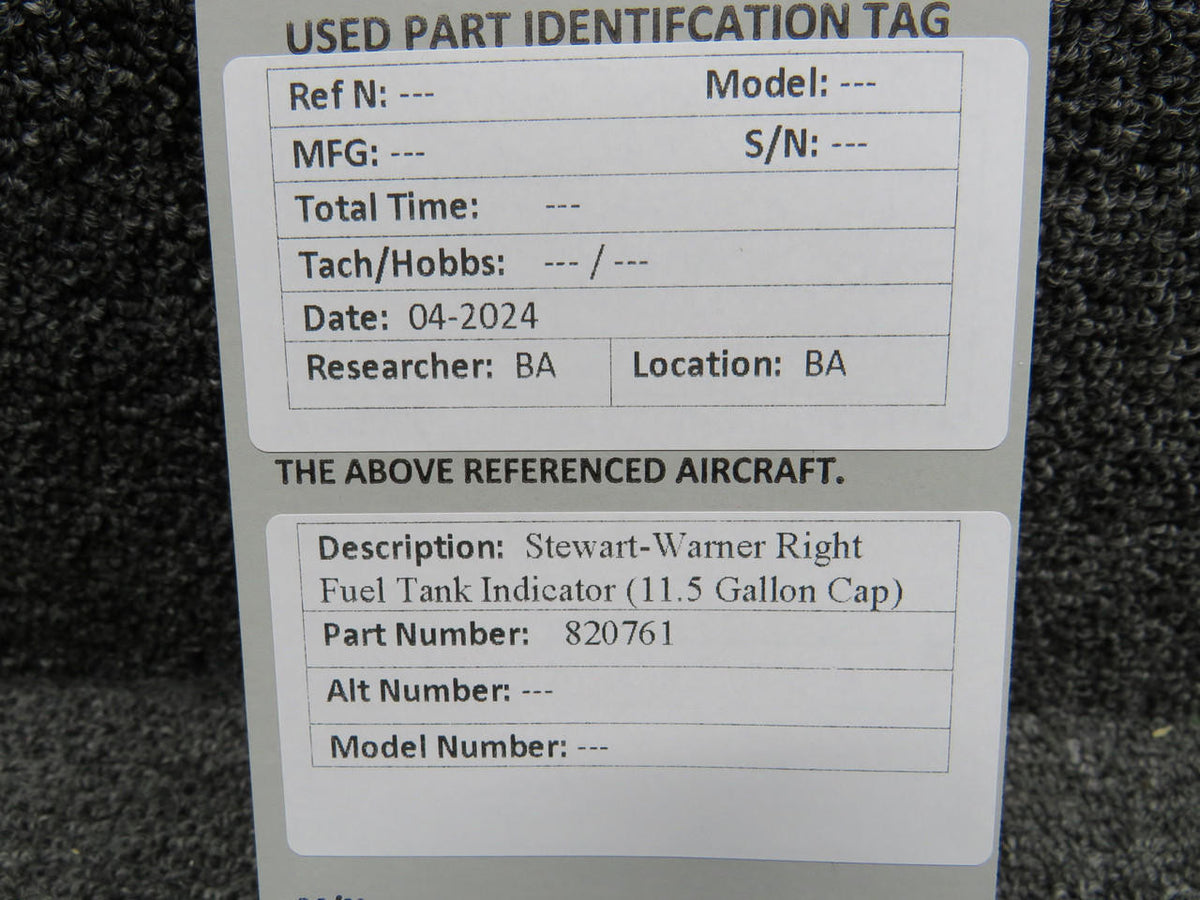 Stewart-Warner 820761 Stewart-Warner Right Fuel Tank Indicator (11.5 Gallon Cap)