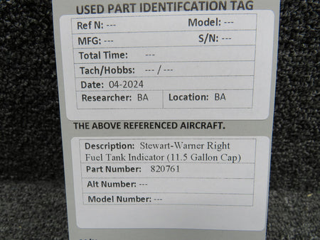 Stewart-Warner 820761 Stewart-Warner Right Fuel Tank Indicator (11.5 Gallon Cap)