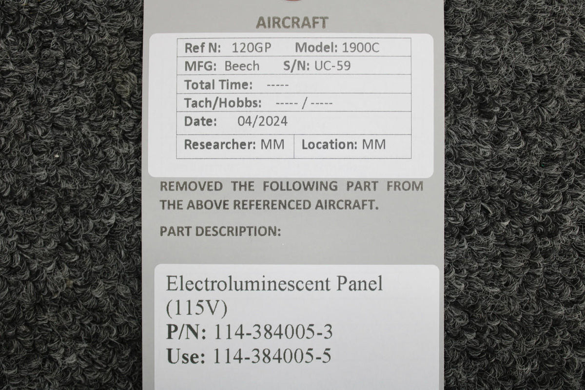 Beechcraft Parts 114-384005-3 (Use: 114-384005-5) Beech 1900C Electroluminescent Panel (115V)