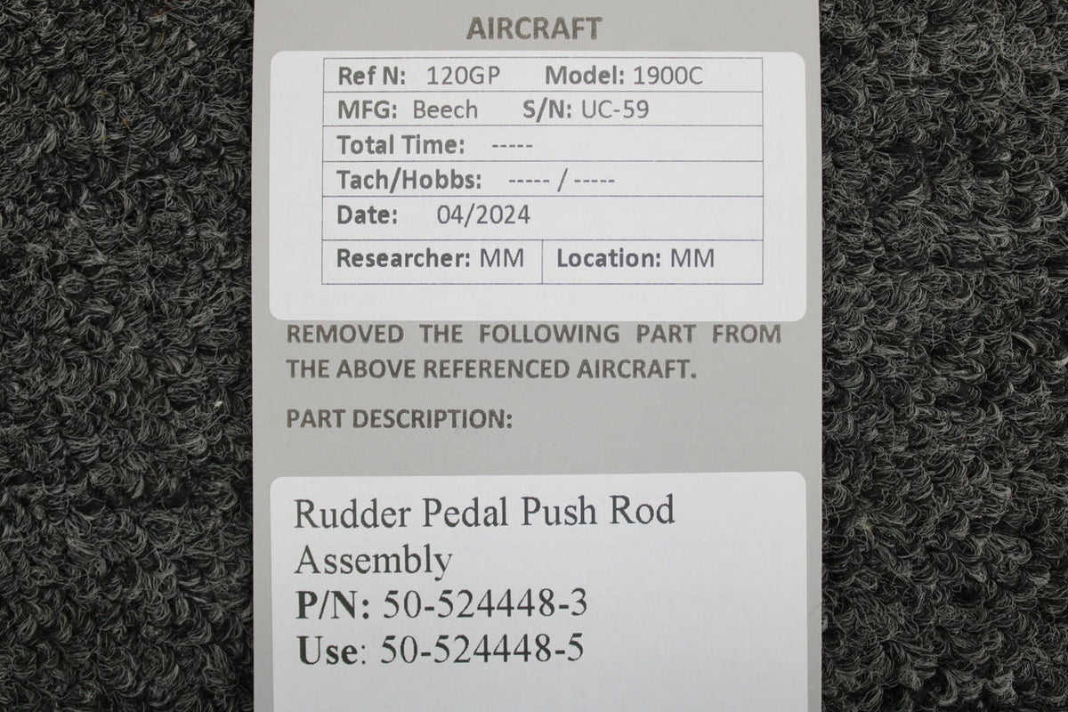 Beechcraft Parts 50-524448-3 (Use: 50-524448-5) Beech 1900C Rudder Pedal Push Rod Assembly