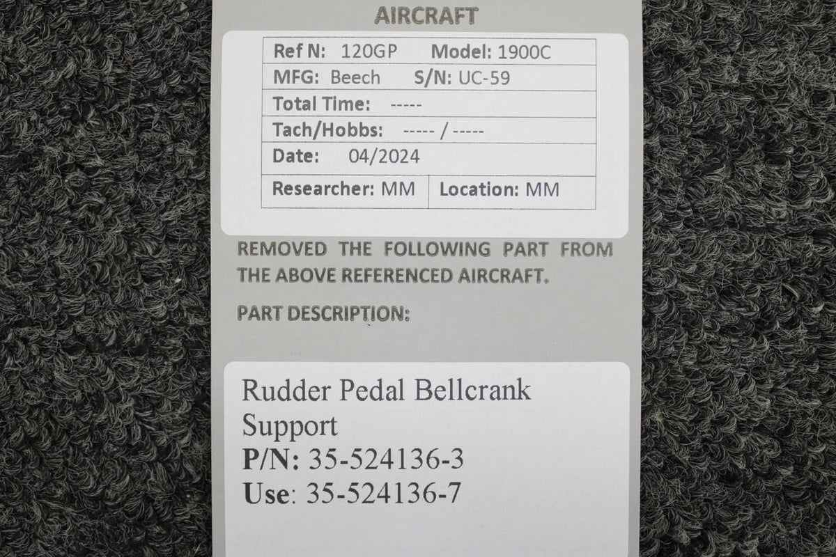 Beechcraft Parts 35-524136-3 (Use: 35-524136-7) Beech 1900C Rudder Pedal Bellcrank Support
