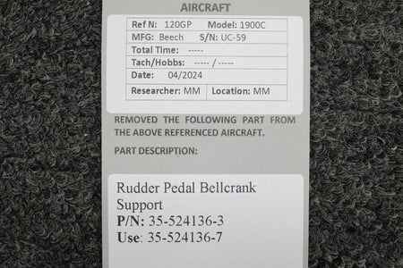 Beechcraft Parts 35-524136-3 (Use: 35-524136-7) Beech 1900C Rudder Pedal Bellcrank Support