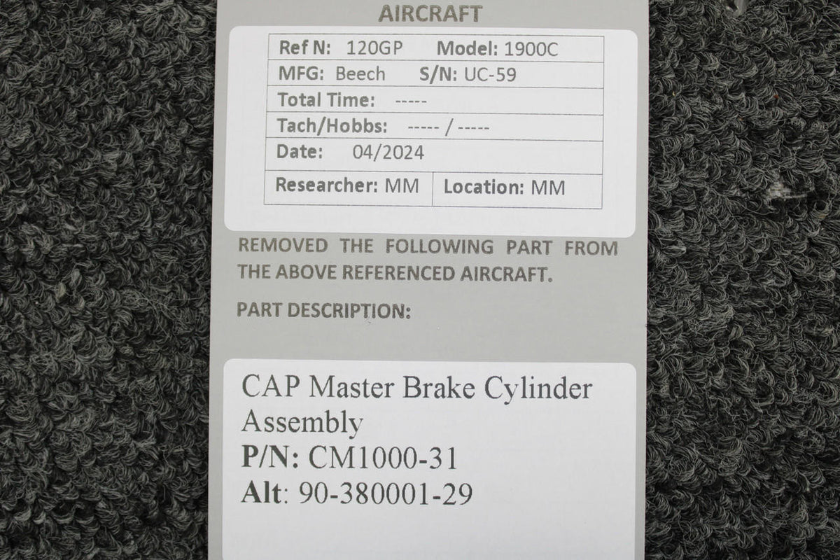 Commercial Aircraft Products CM1000-31 (Alt: 90-380001-29) CAP Master Brake Cylinder Assembly