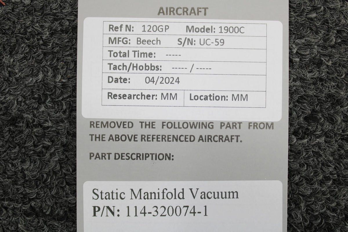 Beechcraft Parts 114-320074-1 Beech 1900C Static Manifold Vacuum