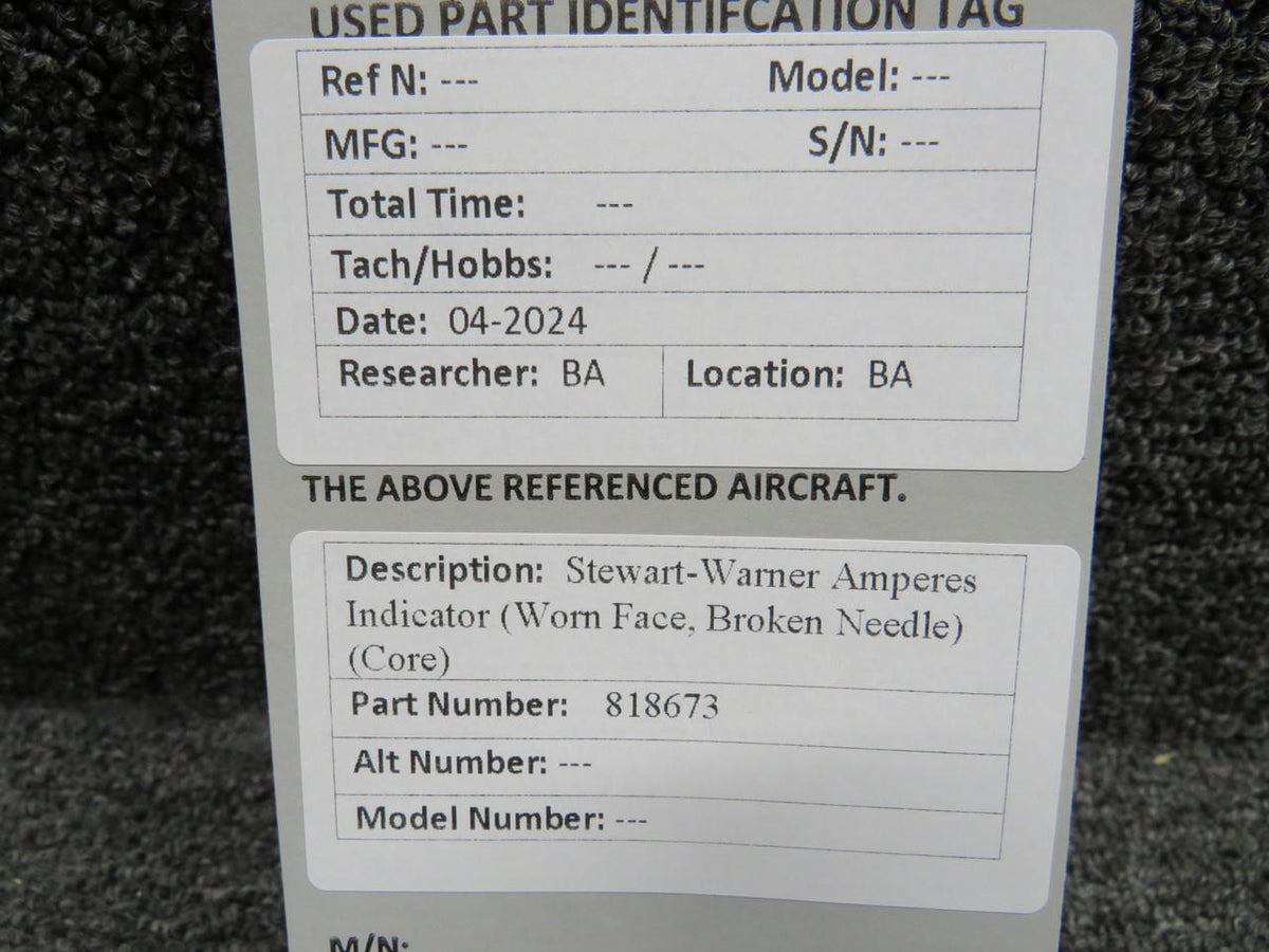 Stewart-Warner 818673 Stewart-Warner Ammeter Indicator (Worn Face, Broken Needle) (Core)