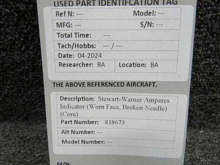 Stewart-Warner 818673 Stewart-Warner Ammeter Indicator (Worn Face, Broken Needle) (Core)