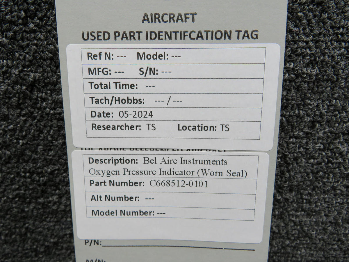 Bel Aire C668512-0101 Bel Aire Instruments Oxygen Pressure Indicator (Worn Seal)